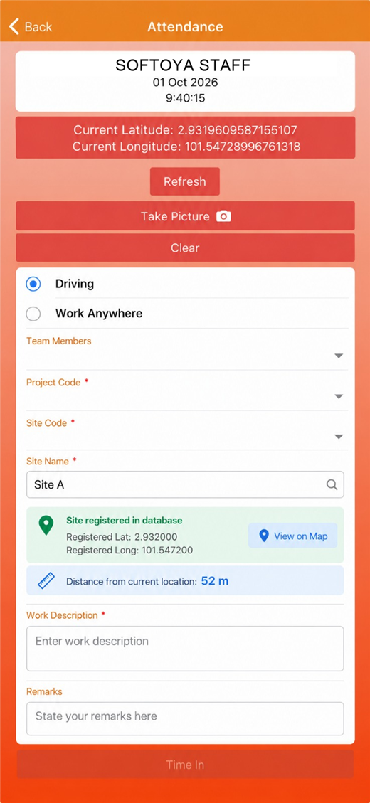 TOTG mobile attendance — time in with GPS, photo, project and site