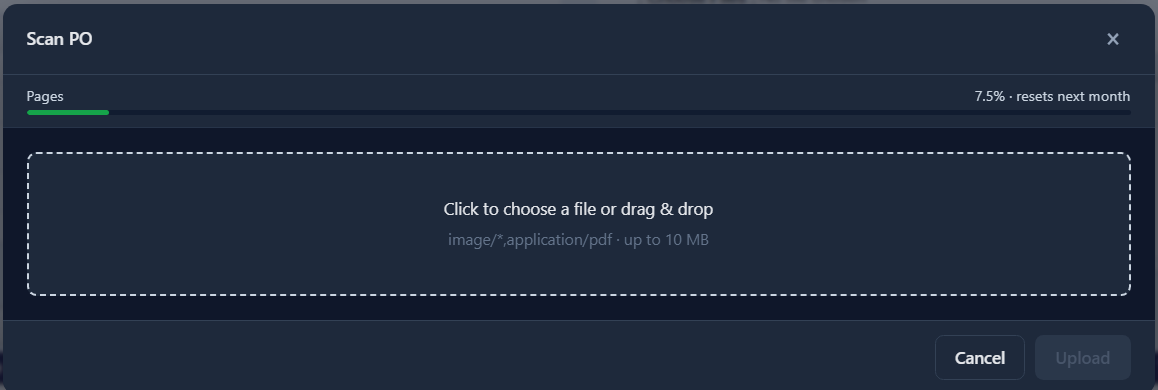 TOTG Scan PO: upload a PO as an image or PDF